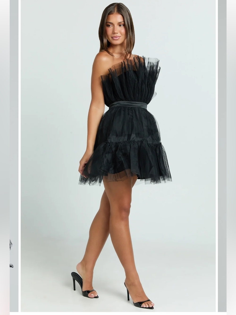 Showpo Amalya Mini Dress Tiered Tulle Fit And Flare Dress In Black - Picture 3 of 15